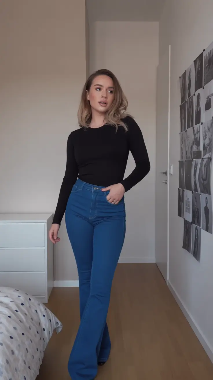 fresh spring outfits for women over 30 2026 Black Fitted Top with Flared Denim for a Sleek Spring Silhouette