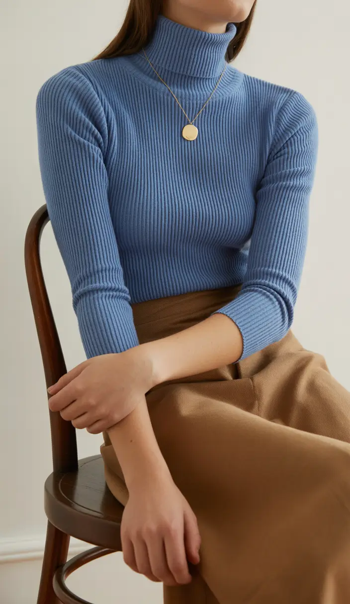 fresh spring outfits for women over 30 2026 Soft Blue Knit and Camel Tones for a Calm Spring Palette