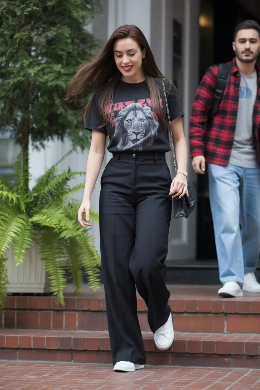 fresh spring outfits for women over 30 2026 Graphic Tee and Tailored Trousers for a Confident Spring Mix