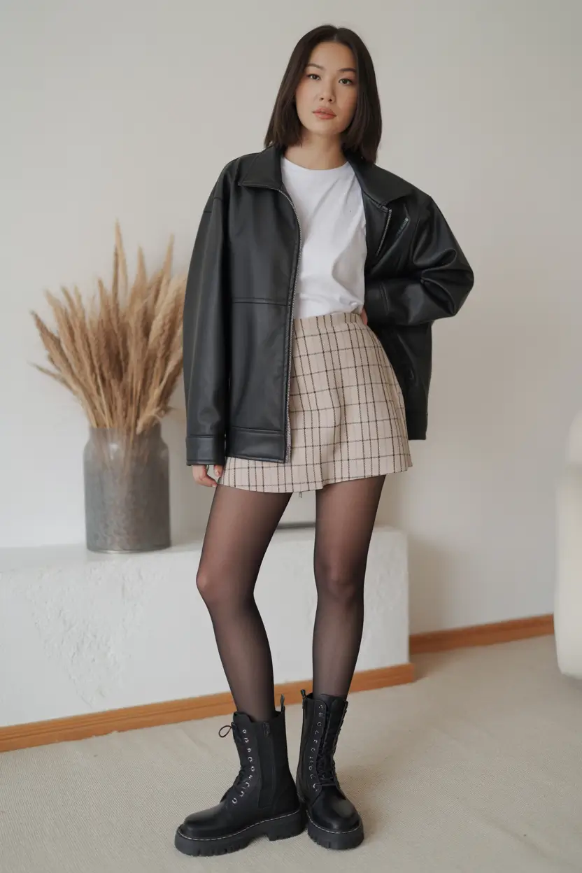 fresh spring outfits for women over 30 2026 Plaid Mini and Black Layers for a Bold Spring Attitude