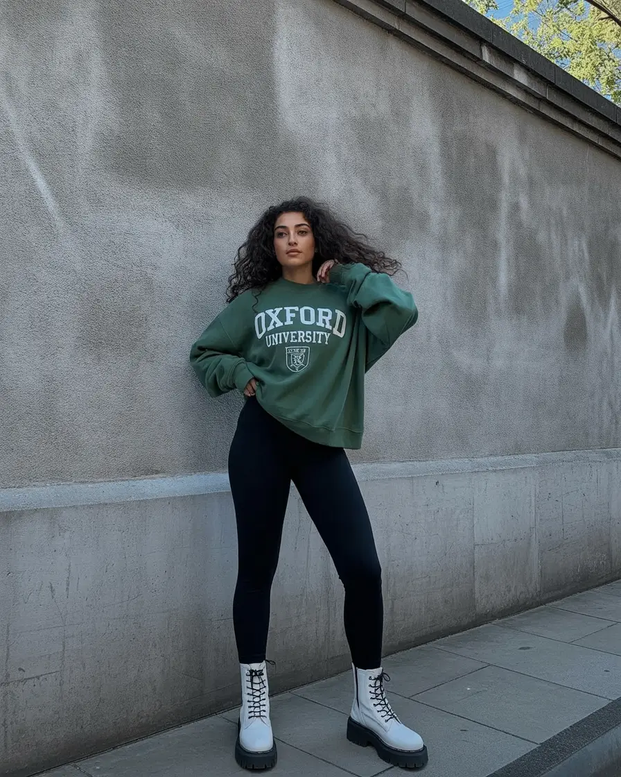 fresh spring sport outfits for women 2026 Green University Crewneck with Sleek Black Leggings