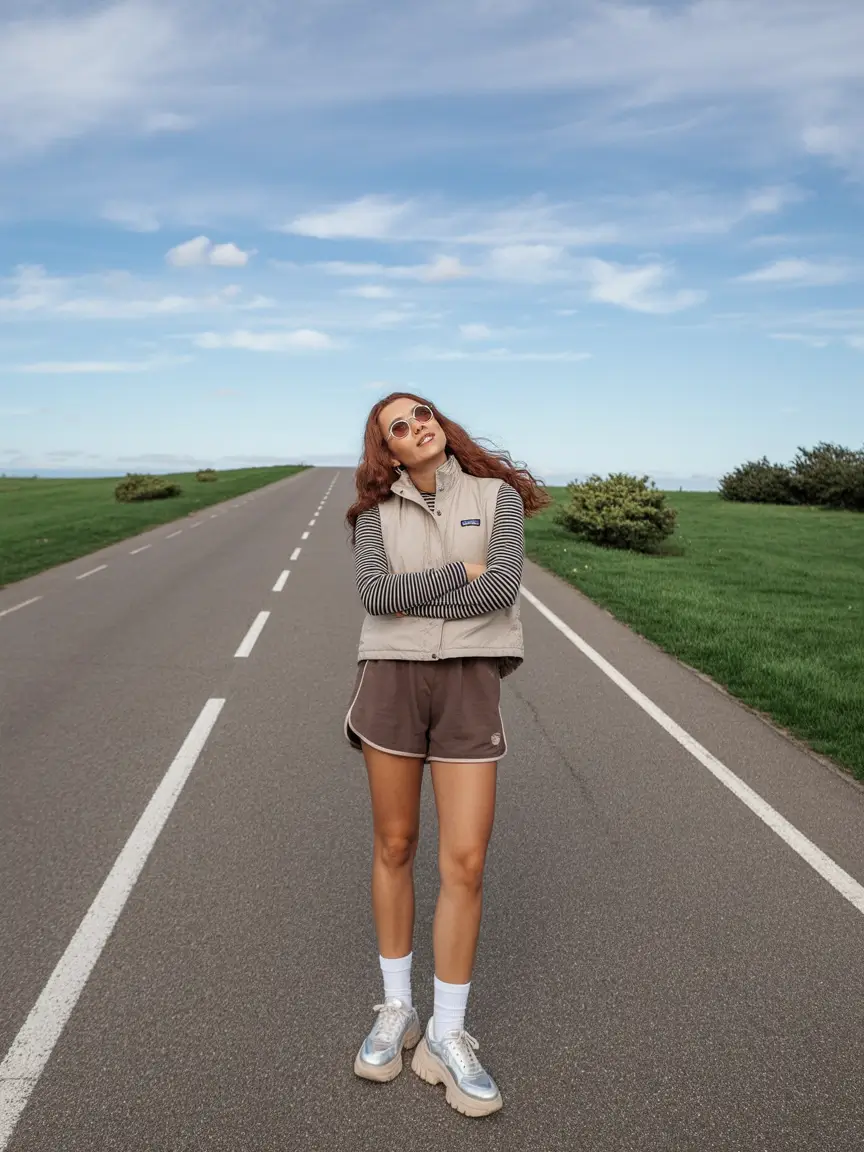 fresh spring sport outfits for women 2026 Striped Layers with Trail Shorts and Outdoor Energy