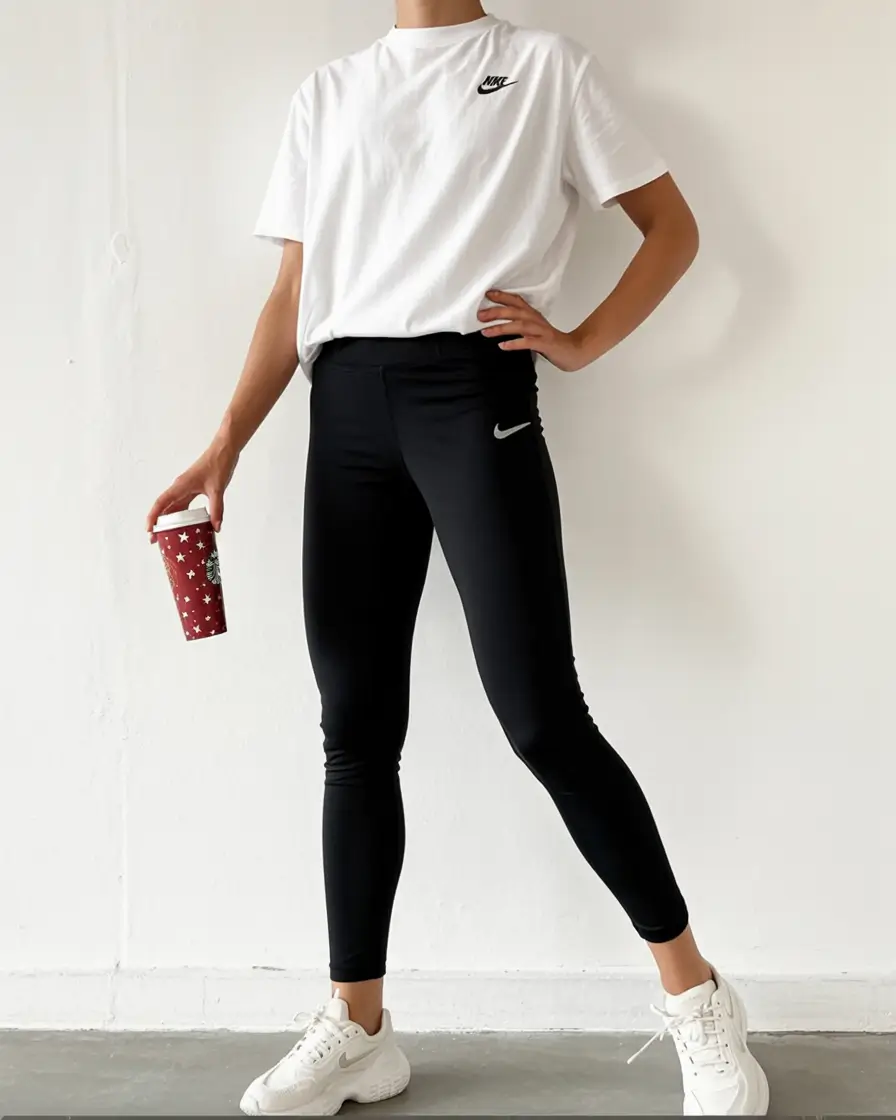 fresh spring sport outfits for women 2026 Crisp White Tee with Classic Black Leggings