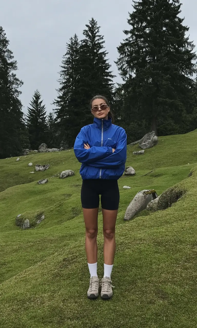 fresh spring sport outfits for women 2026 Bold Blue Windbreaker with Minimal Sport Shorts