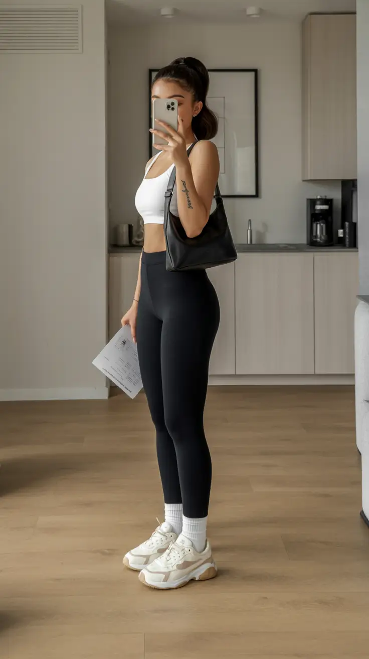 fresh spring sport outfits for women 2026 White Sports Bra and Leggings with Clean Minimal Intent