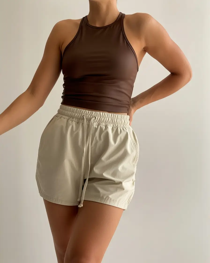 fresh spring sport outfits for women 2026 Chocolate Brown Sport Tank with Clean Neutral Shorts