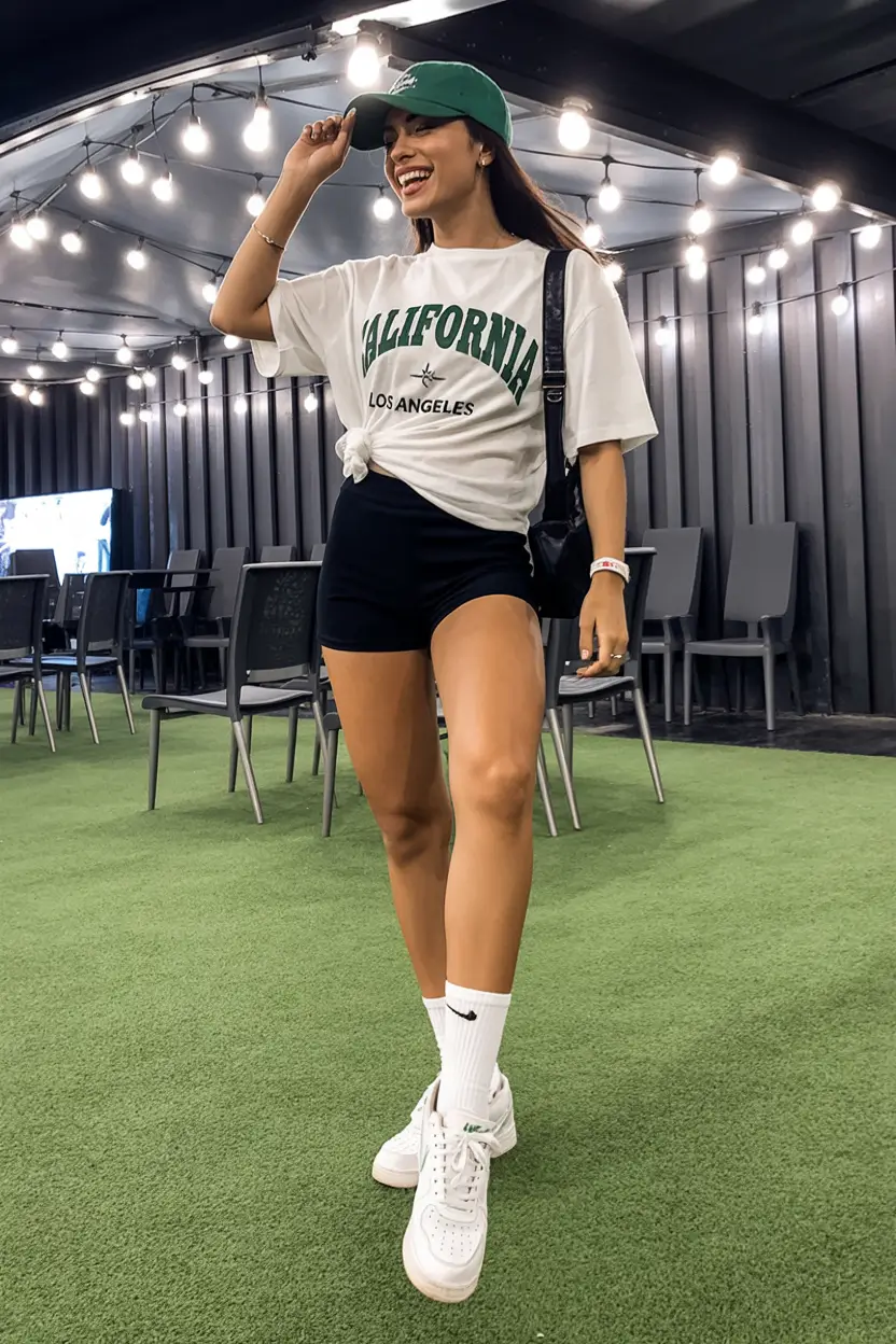 fresh spring sport outfits for women 2026 Playful Graphic Tee with Sporty Energy
