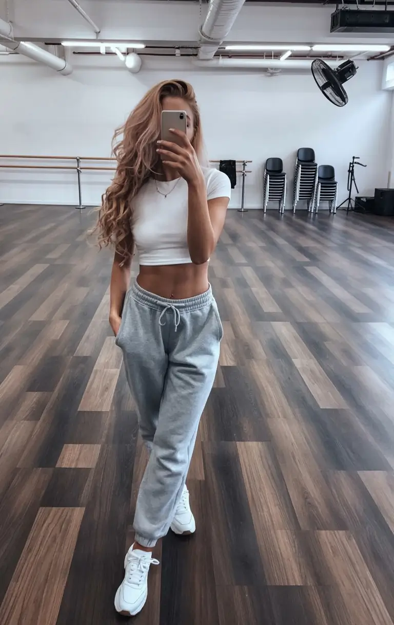 fresh spring sport outfits for women 2026 Dance Studio Inspired Gray and White Simplicity