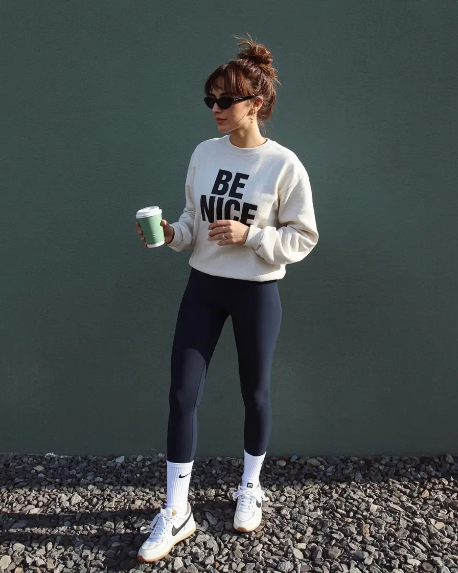 fresh spring sport outfits for women 2026 Beige Slogan Sweatshirt with Sporty Leggings Energy
