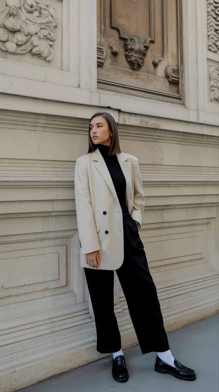 Light spring office outfits 2026 Refined monochrome with an elevated blazer