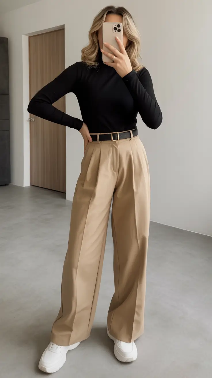 Light spring office outfits 2026 Neutral contrast with wide spring tailoring
