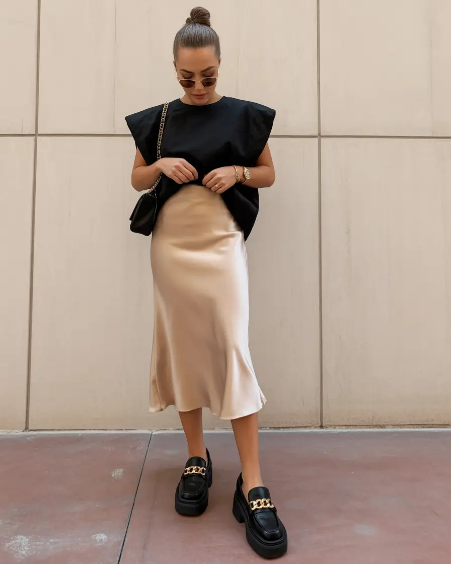 Light spring office outfits 2026 Satin elegance with structured black accents