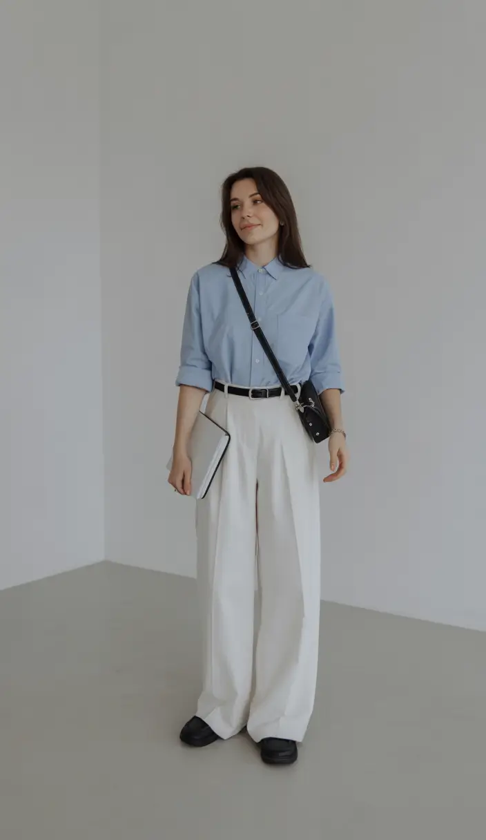 Light spring office outfits 2026 Clean blue shirting with wide ivory trousers