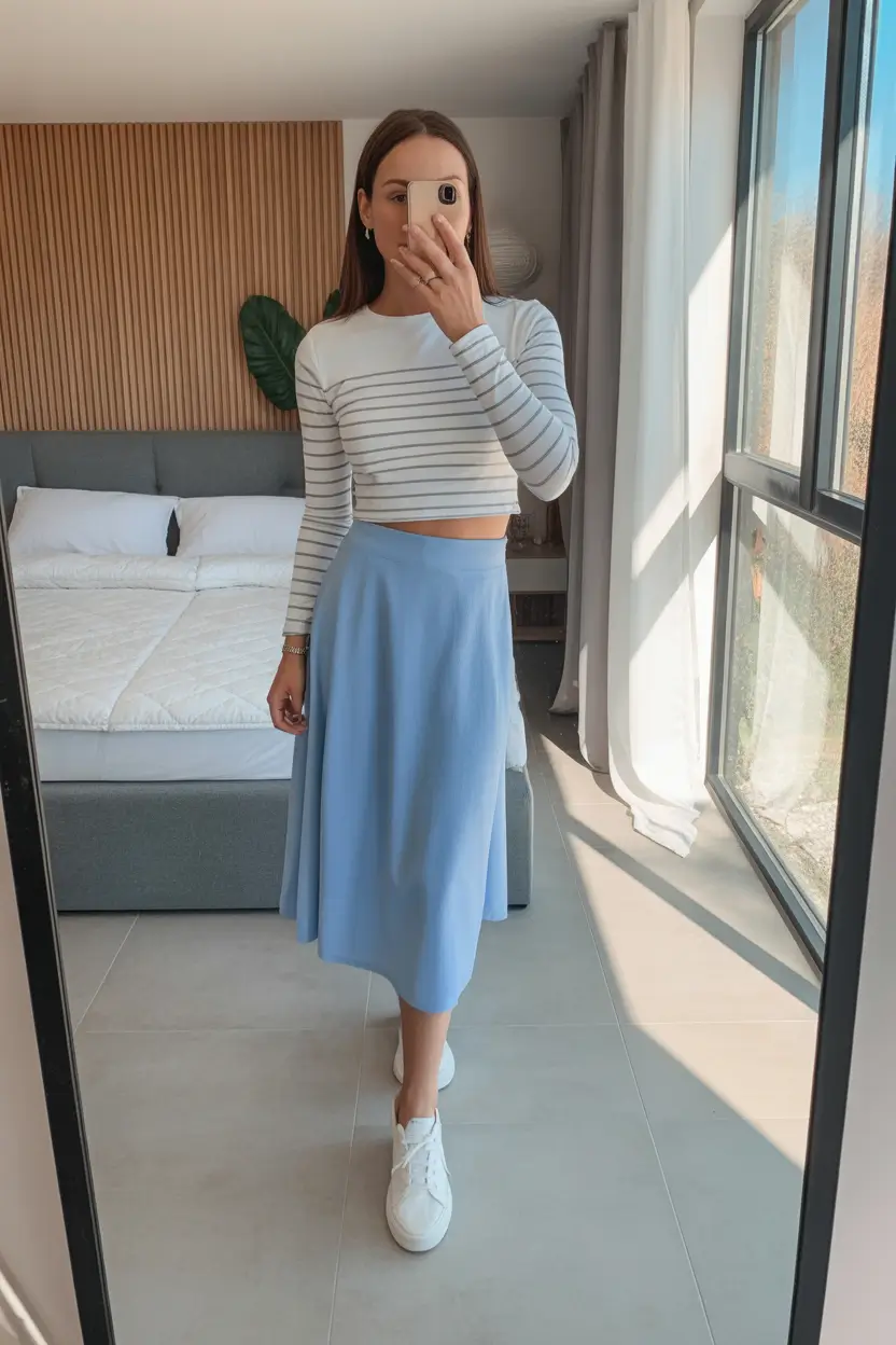 Light spring office outfits 2026 Striped minimalism with soft blue movement