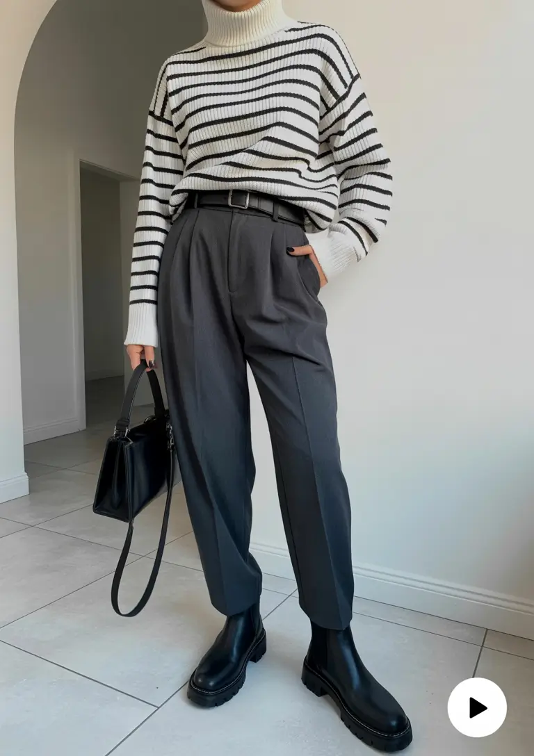 Light spring office outfits 2026 Striped knits with structured charcoal tailoring