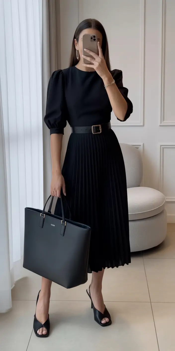 Light spring office outfits 2026 All black refinement with pleated elegance