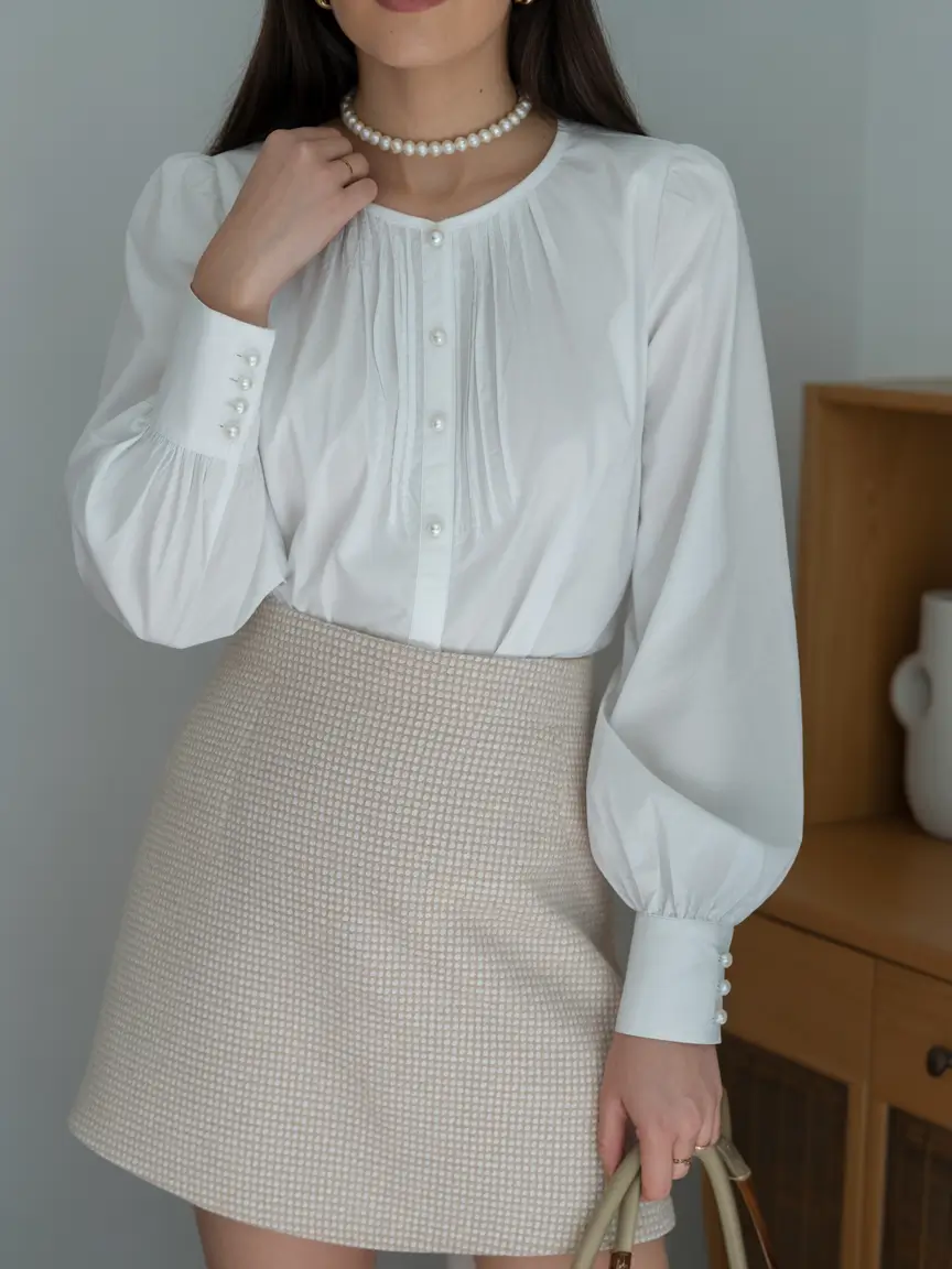 Light spring office outfits 2026 Pearl-trimmed elegance with soft neutral tailoring