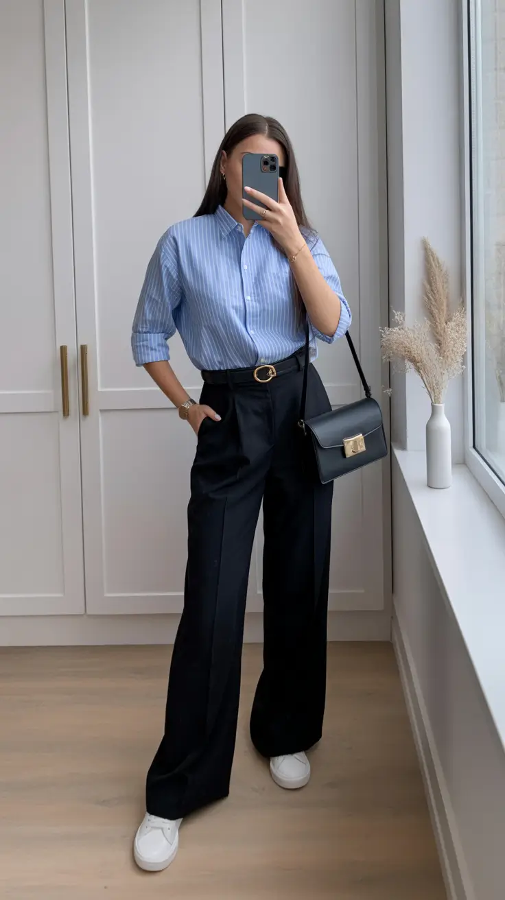 Light spring office outfits 2026 Classic stripes with tailored simplicity