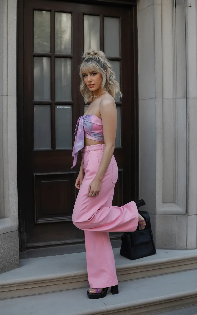 minimalist spring vacation outfits 2026 Pastel Scarf Top And Pink Pants For Playful Spring Energy