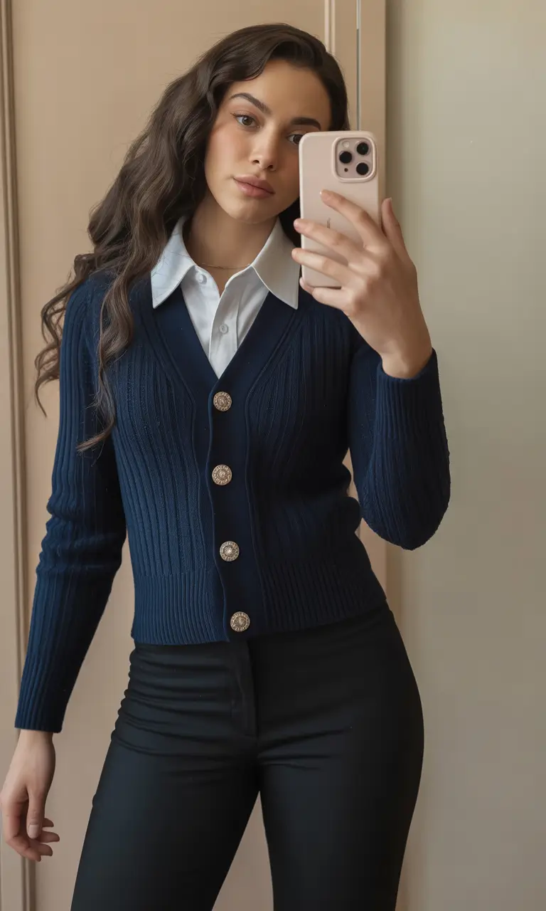 modern old money spring outfits 2026 Navy Knit With a Polished Spring Uniform Feeling