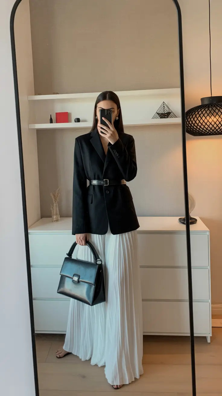 modern old money spring outfits 2026 Black Tailoring With Flowing Spring Grace
