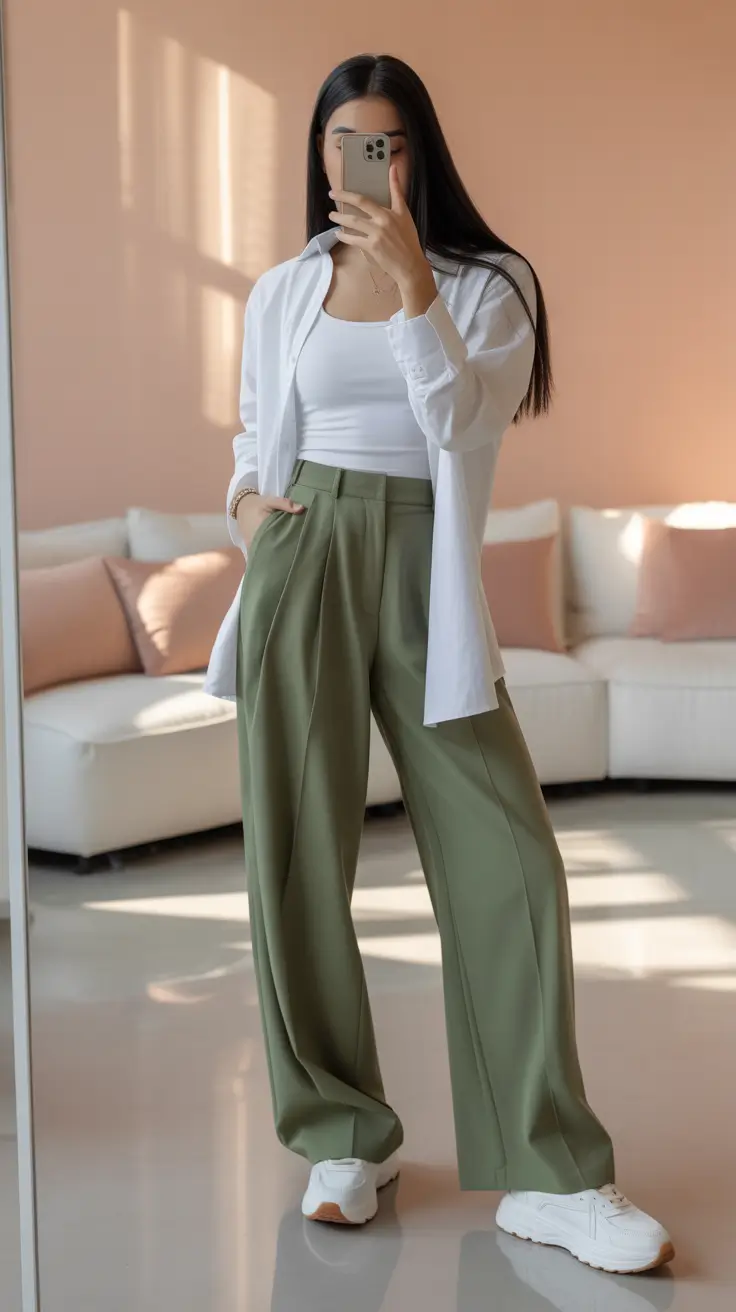 modern old money spring outfits 2026 Crisp White Layers With Leafy Green Trousers