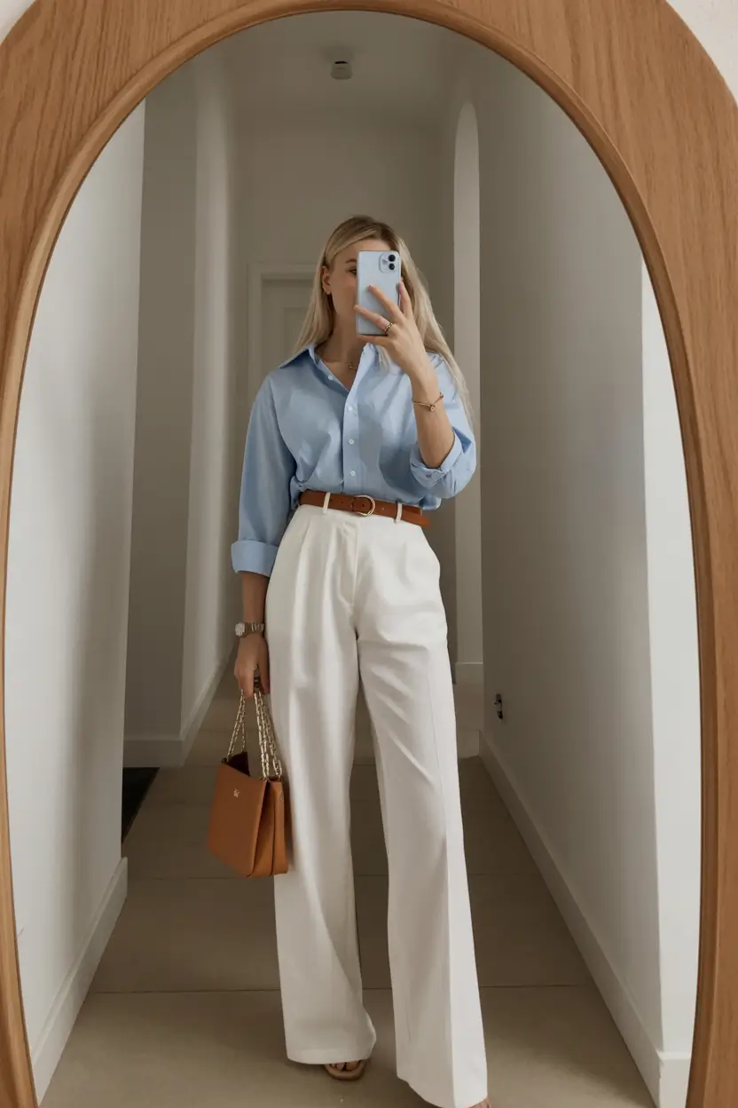 modern old money spring outfits 2026 Sky Blue Classics With Fresh White Tailoring