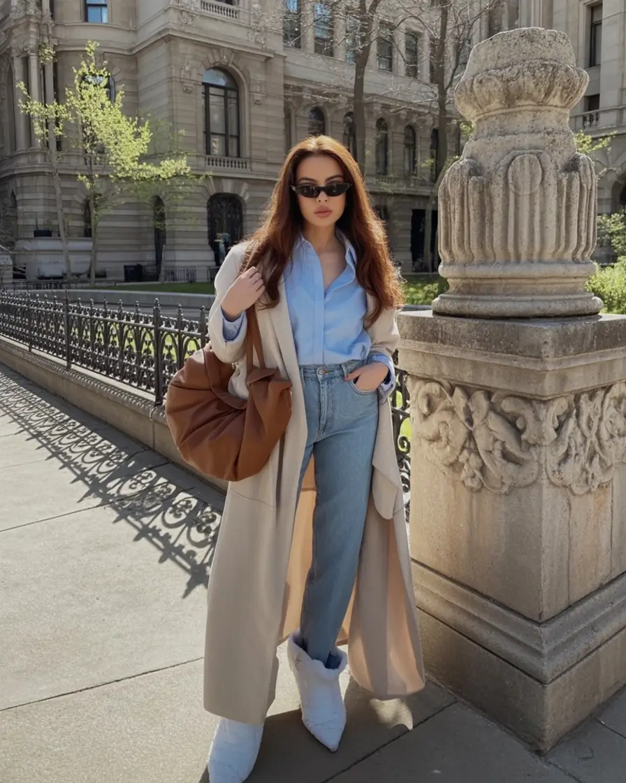 modern old money spring outfits 2026 Light Blue Layers With Relaxed Denim And a Spring Trench