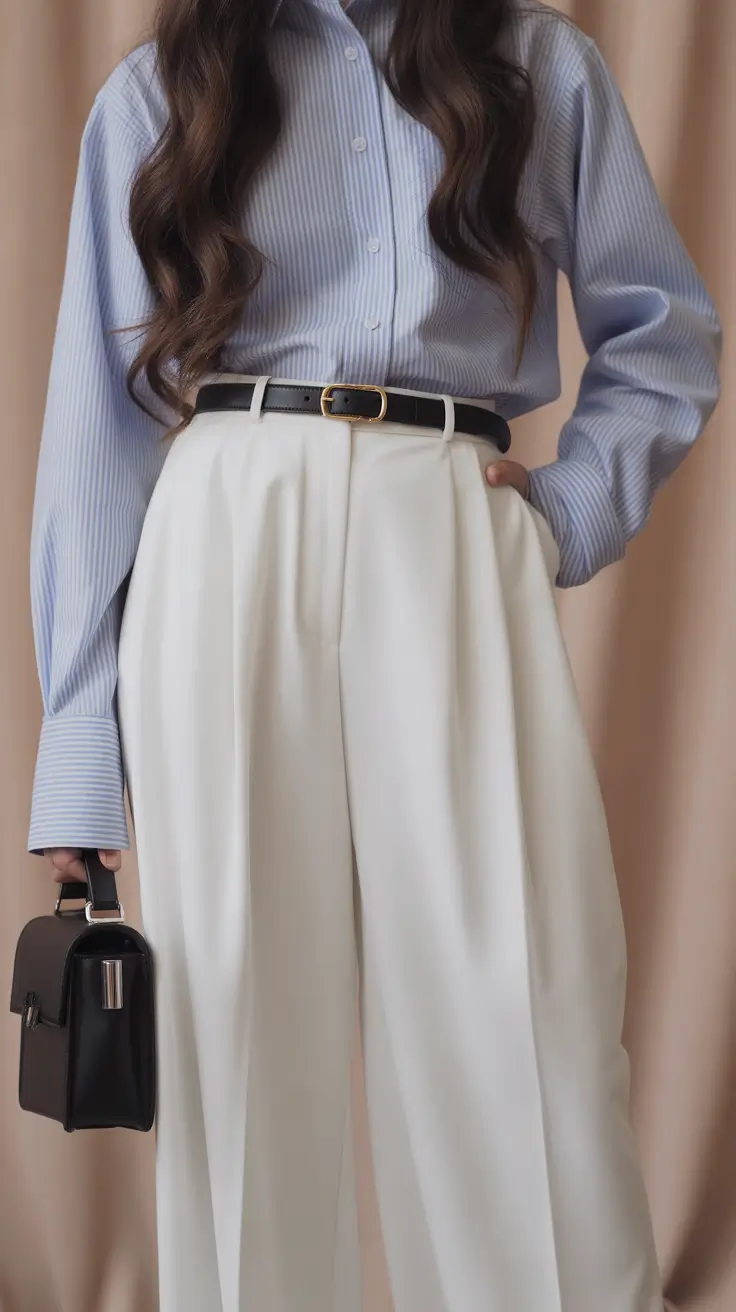modern old money spring outfits 2026 Blue Stripes Meeting Clean Ivory Tailoring