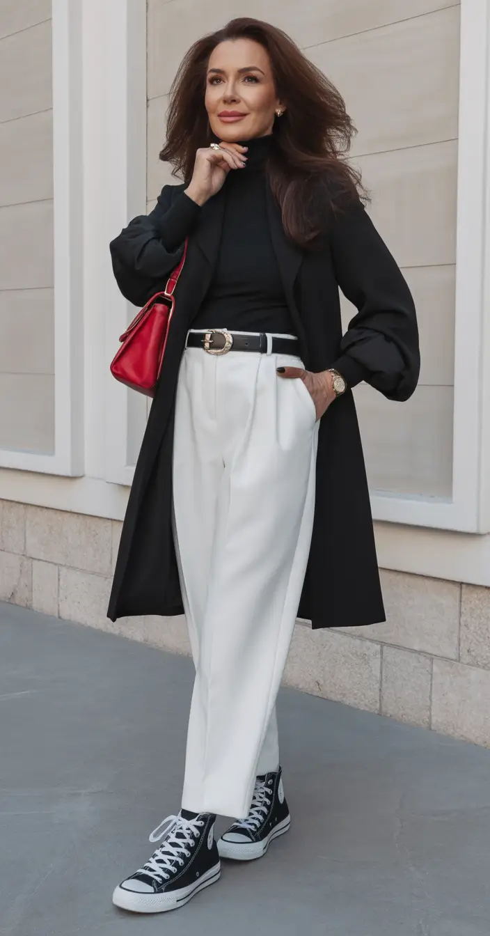 Modern spring dressing over 50 2026 Monochrome Layers With a Pop of Bright Confidence