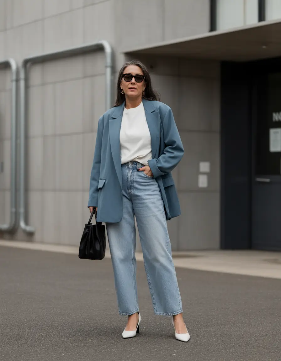 Modern spring dressing over 50 2026 Cool Blue Tailoring With Weekend Lightness