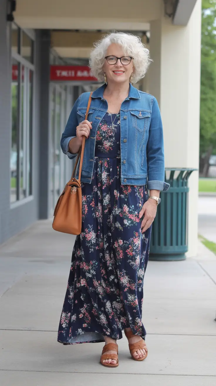 modern spring outfits for women over 50 2026 Floral Ease with Denim Warmth