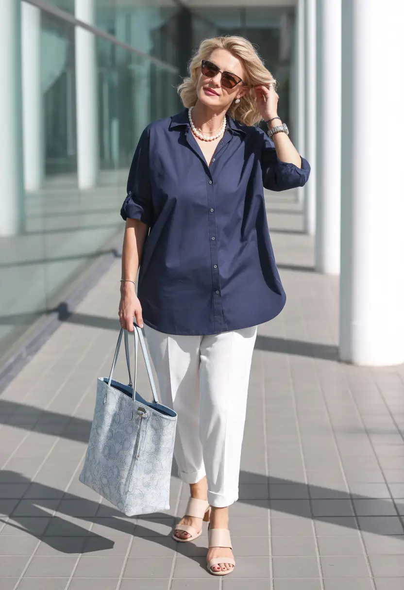 modern spring outfits for women over 50 2026 Navy Ease with Soft Spring Whites