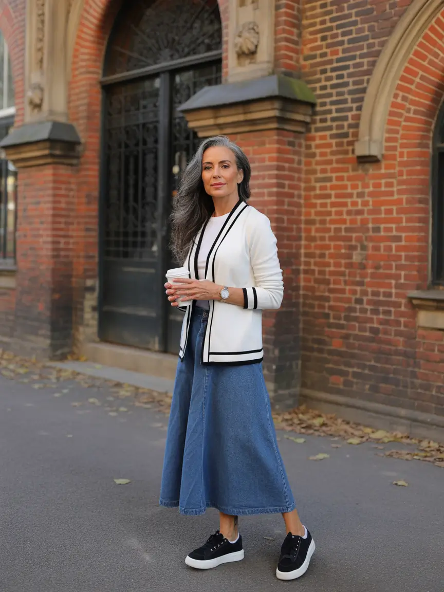 modern spring outfits for women over 50 2026 Denim Skirt Charm with Polished Contrast
