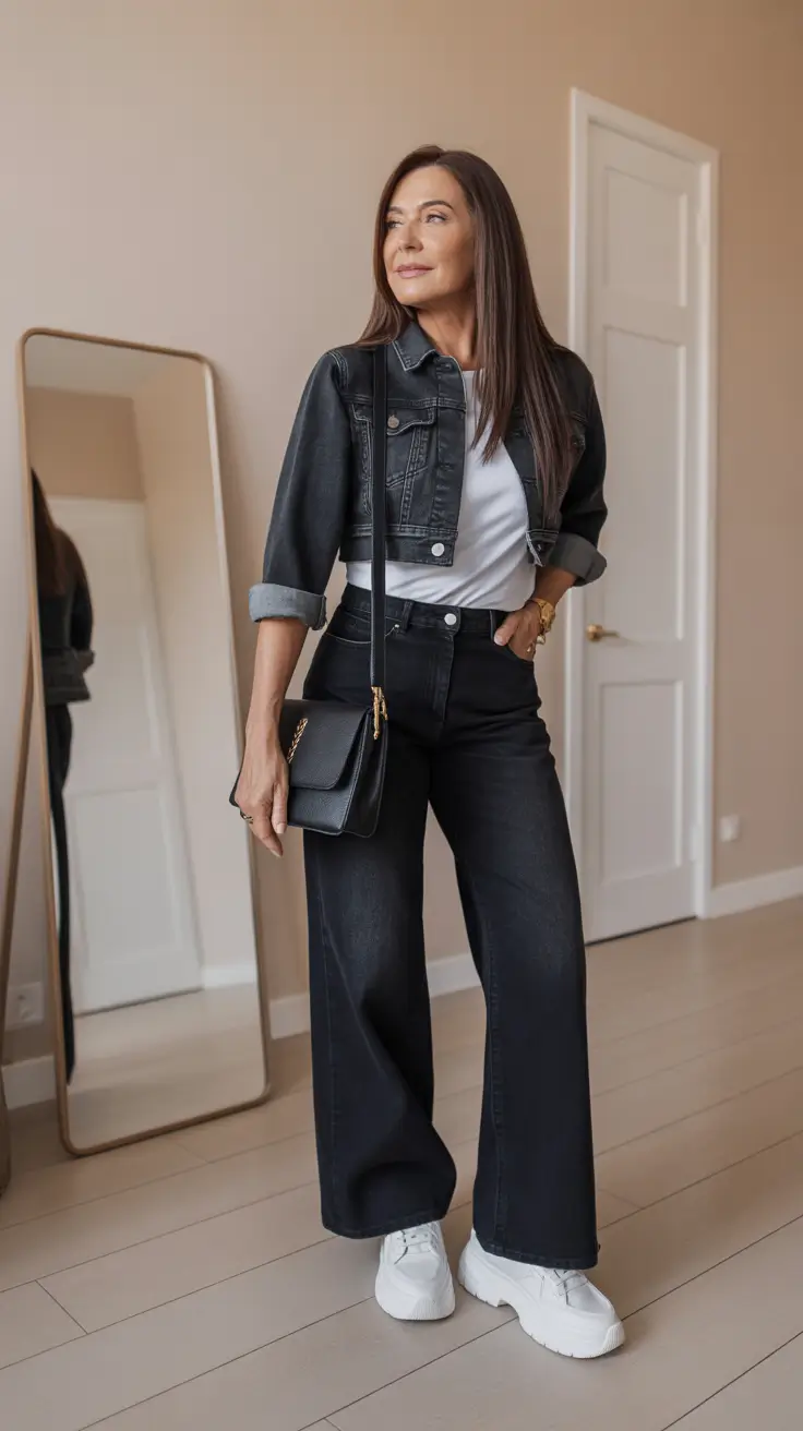 modern spring outfits for women over 50 2026 Monochrome Black Denim with Modern Ease
