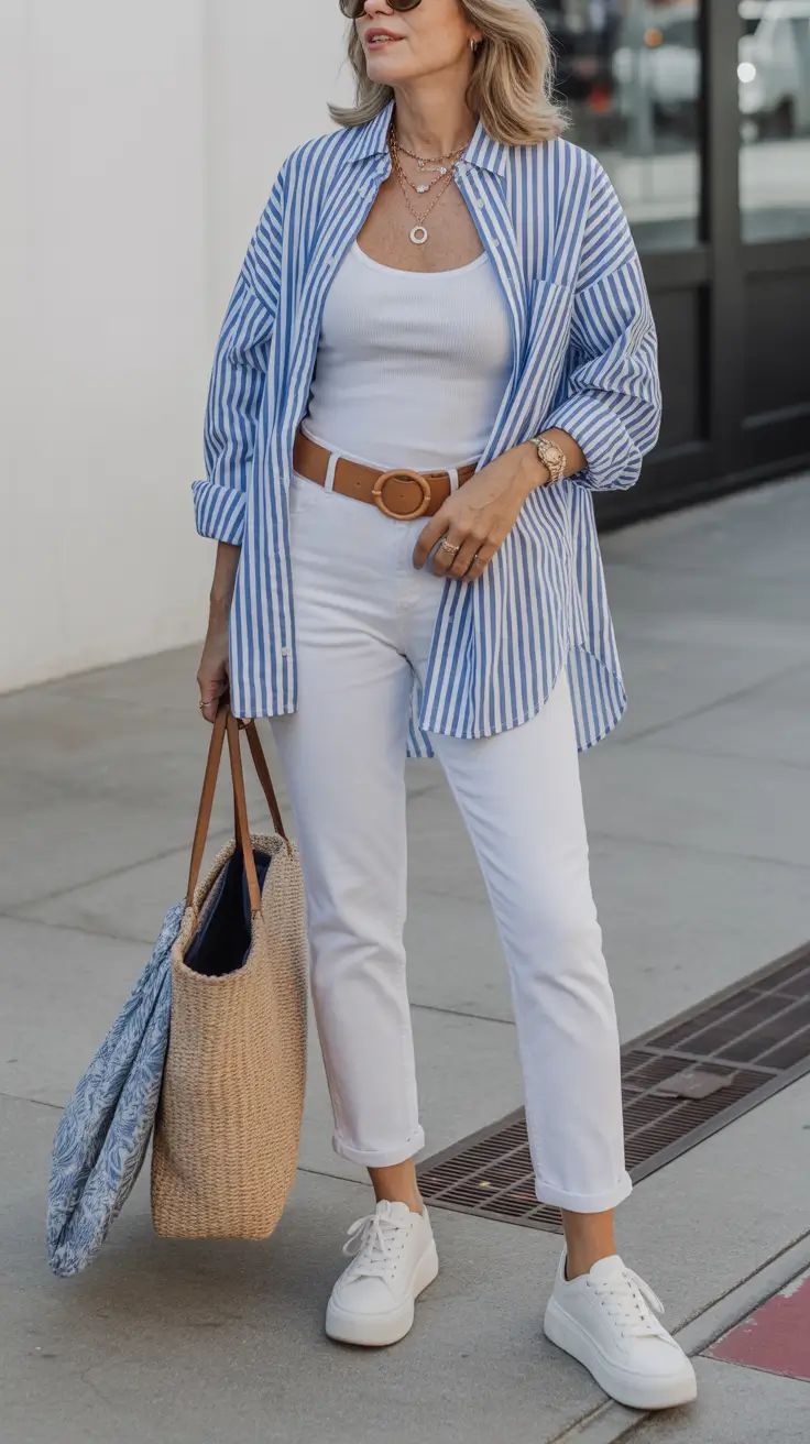 modern spring outfits for women over 50 2026 Striped Layers with a Sunny Spring Mood