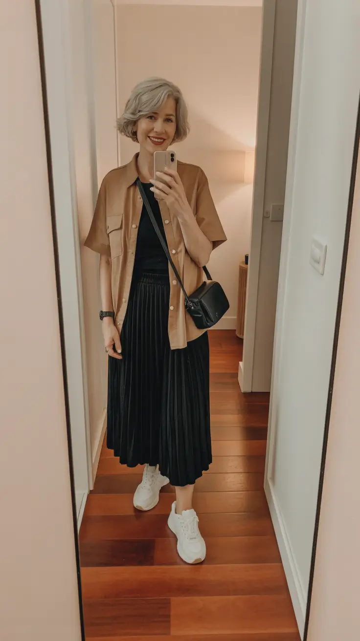 modern spring outfits for women over 50 2026 Warm Neutrals with a Modern Pleated Twist