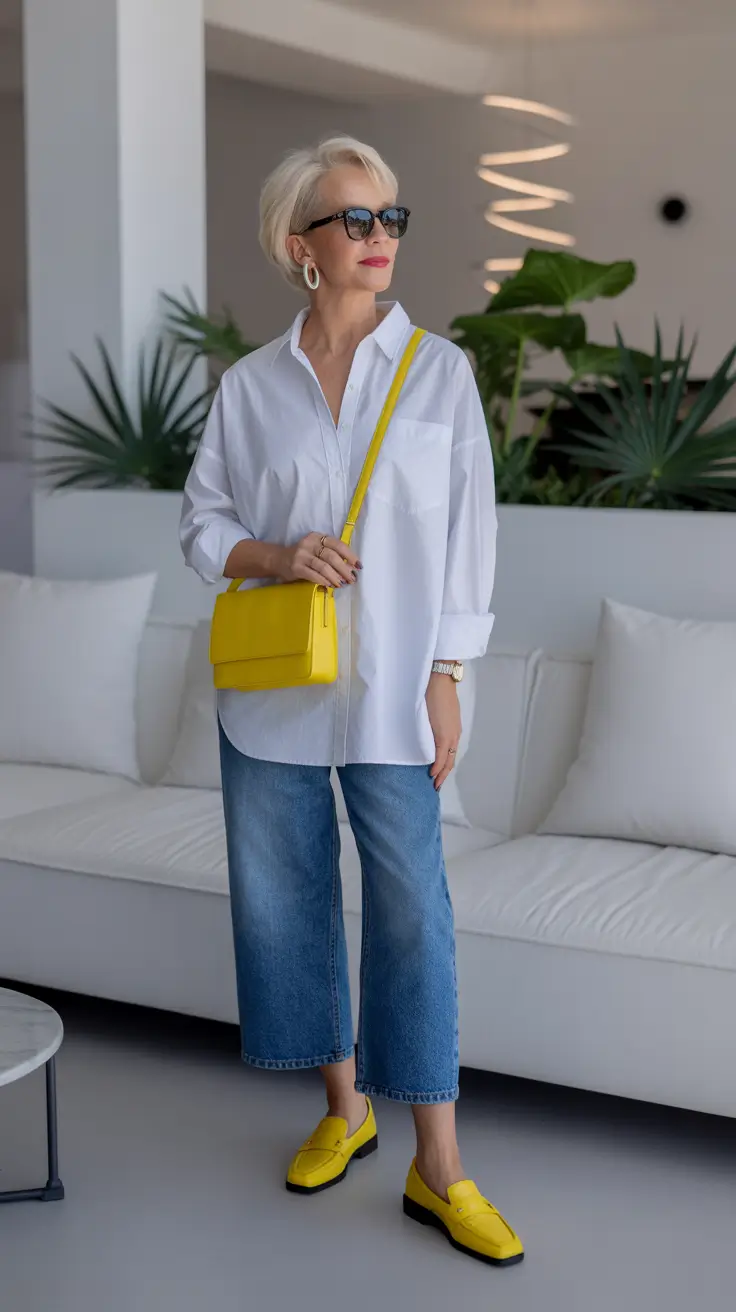 modern spring outfits for women over 50 2026 Bright Accents in Relaxed Denim