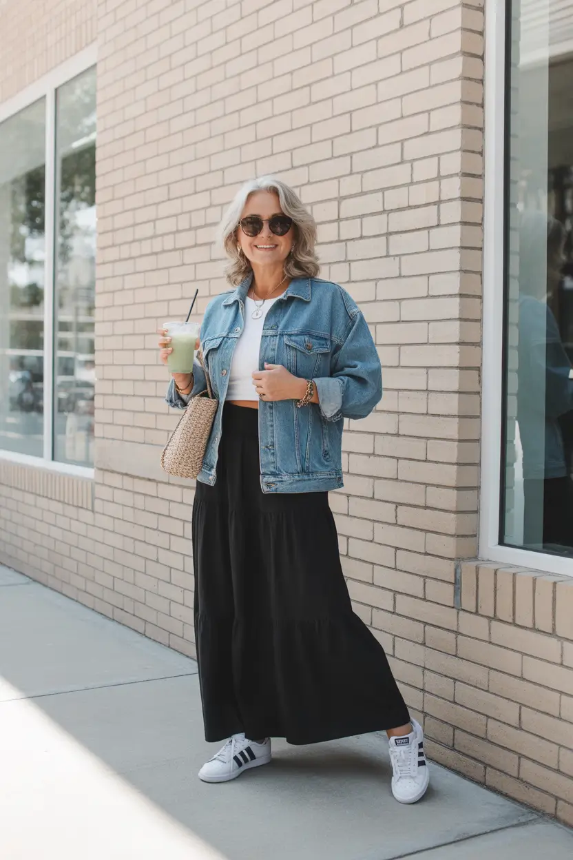 Modern Spring Outfits for Women Over 60 2026 Denim Ease with a Breezy Spring Skirt