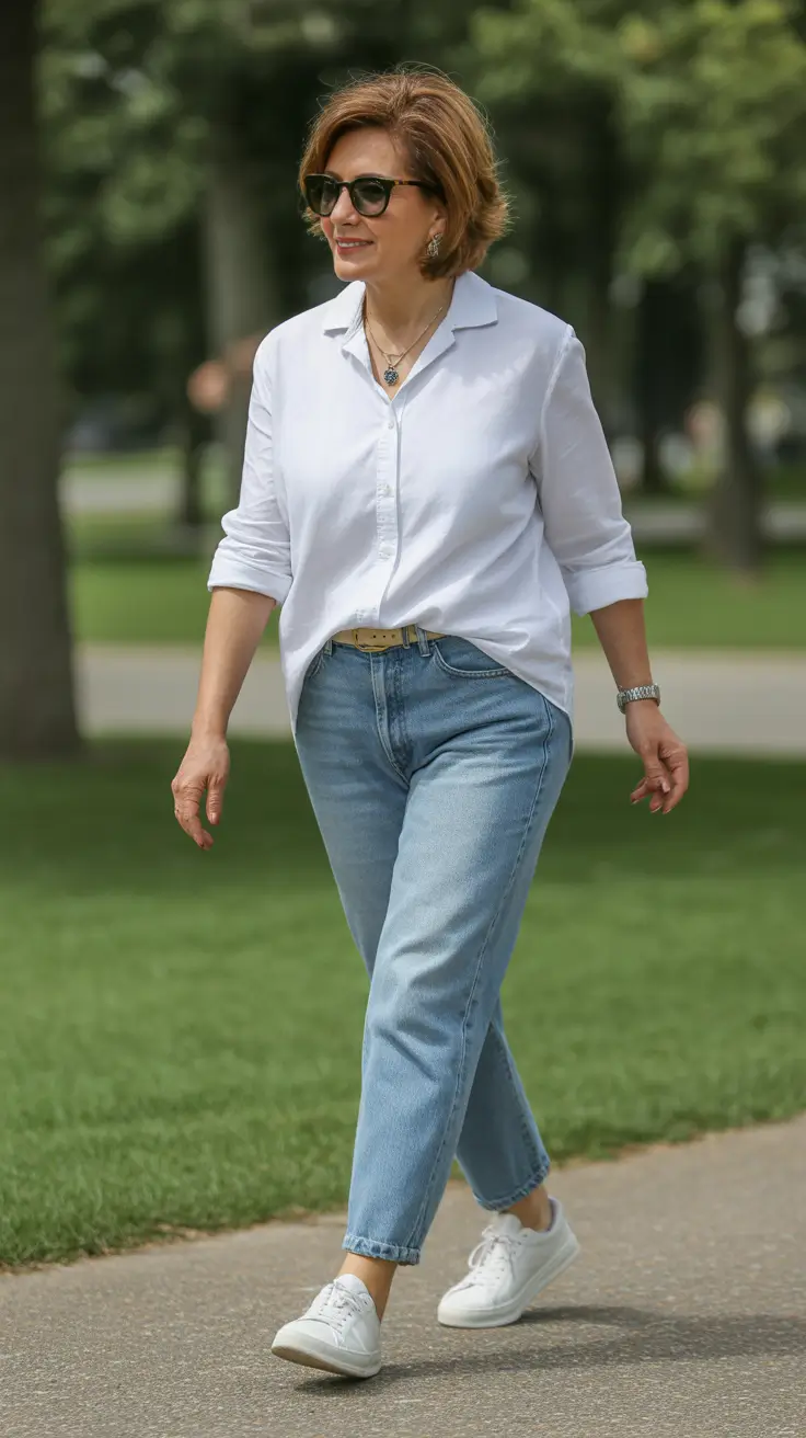 Modern Spring Outfits for Women Over 60 2026 Crisp White and Classic Denim for Timeless Spring Walks