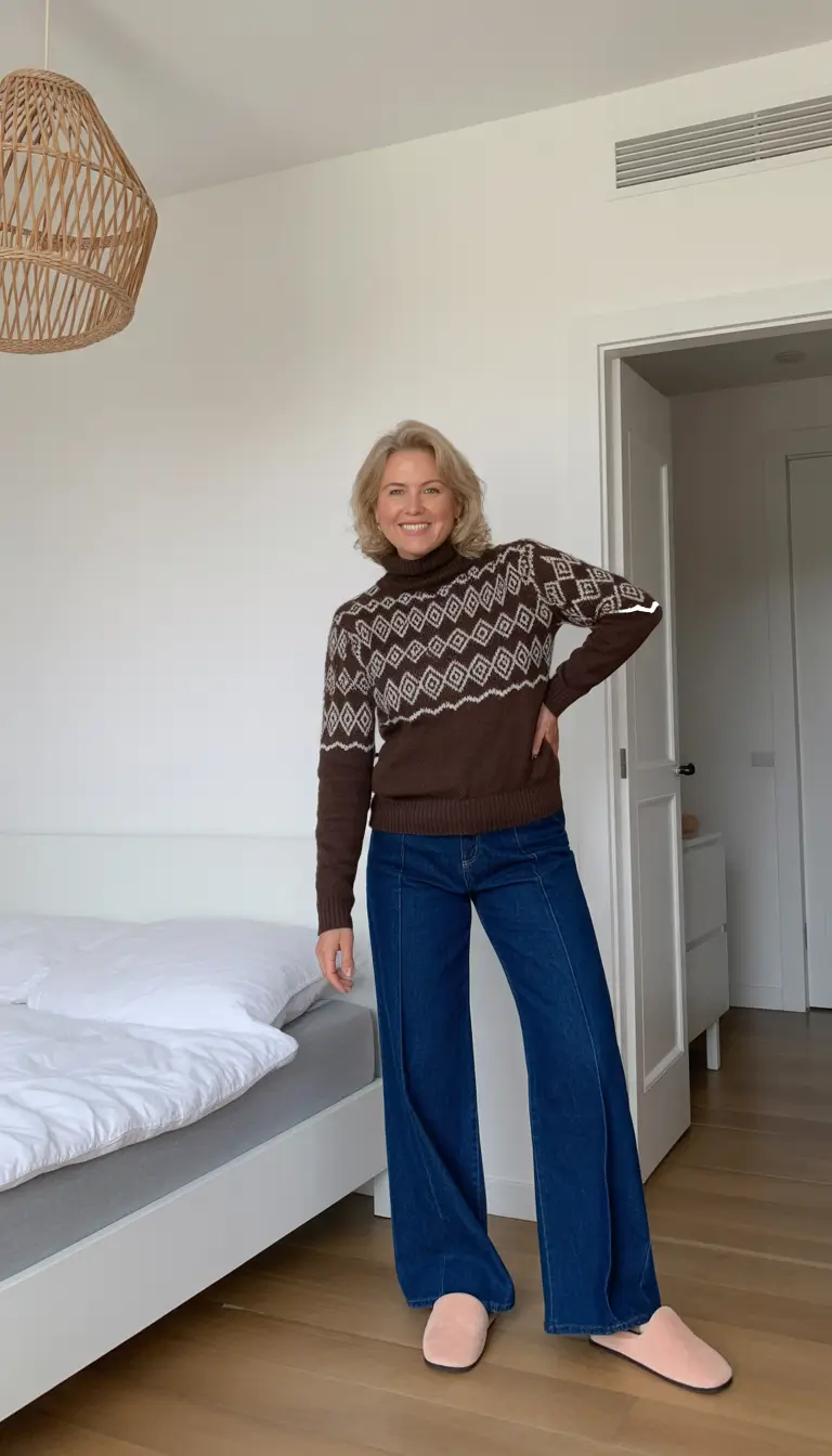 Modern Spring Outfits for Women Over 60 2026 Cozy Patterned Knit for a Calm Spring Morning