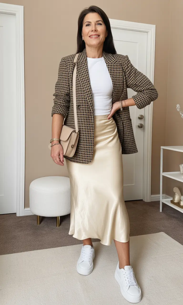 Modern Spring Outfits for Women Over 60 2026 Elegant Blazer and Satin Skirt for a Chic Spring Ensemble