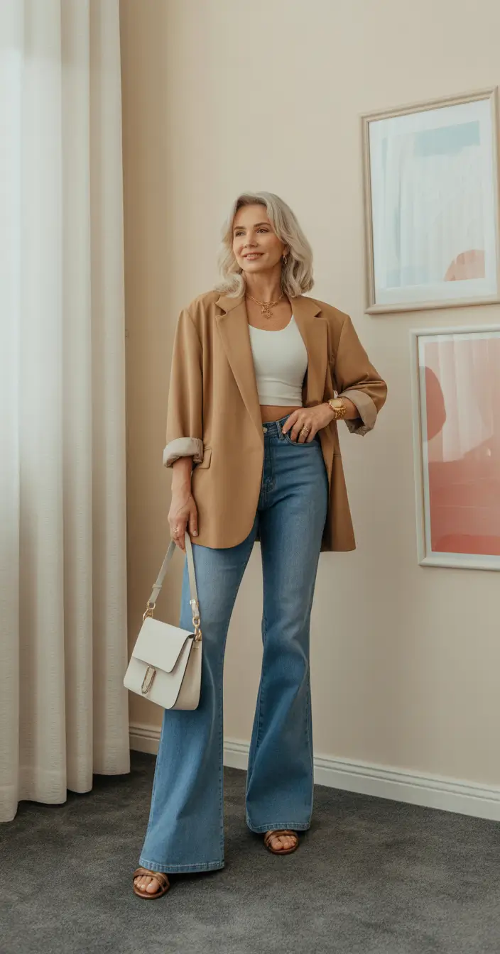 Modern Spring Outfits for Women Over 60 2026 Warm Camel Tones with Modern Denim for a Fresh Spring Look