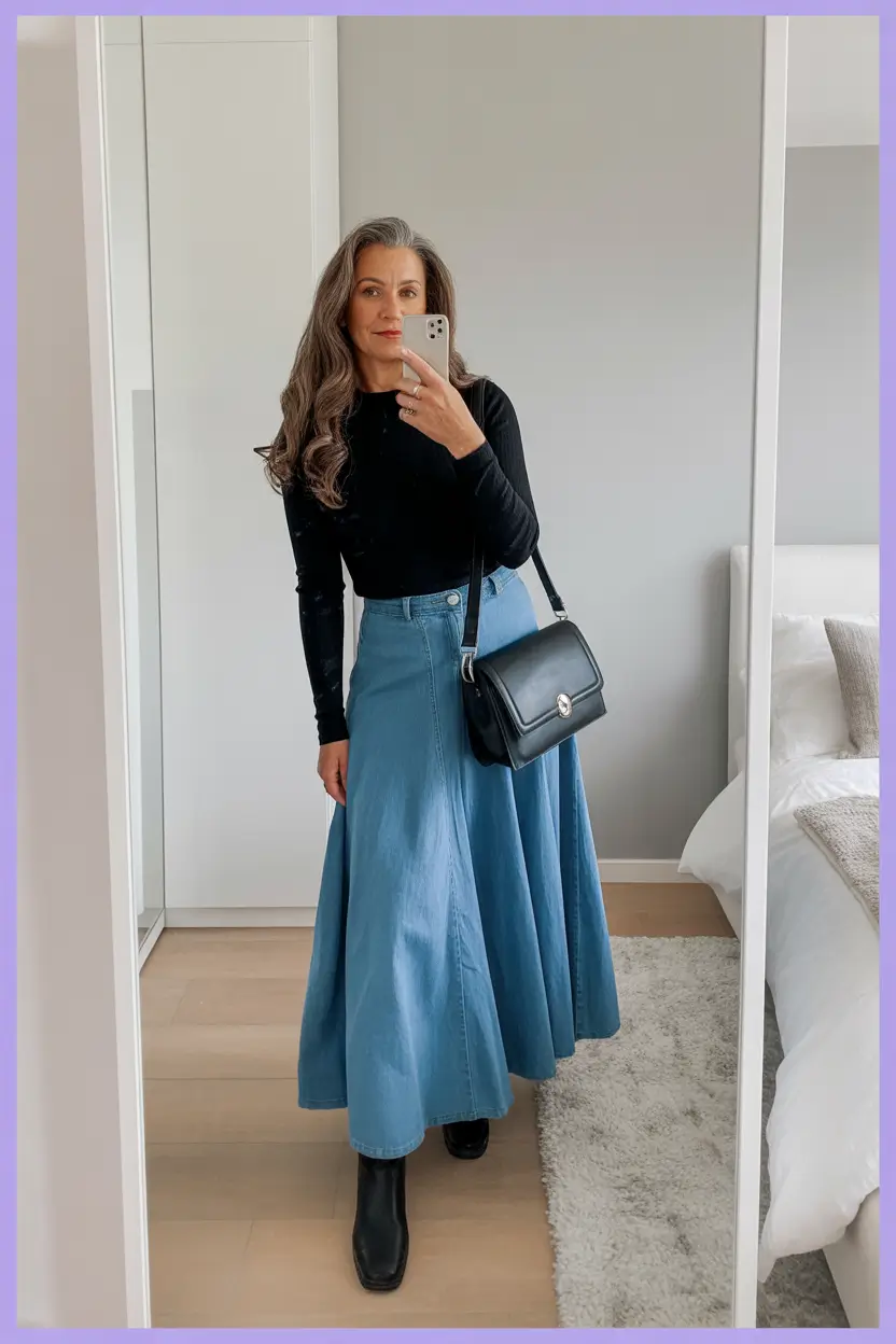 Modern Spring Outfits for Women Over 60 2026 Elegant Denim Skirt with Minimalist Layers