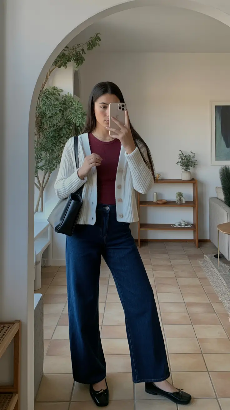 modest spring outfits cute 2026 Cozy Cardigan Layers With Deep Blue Denim