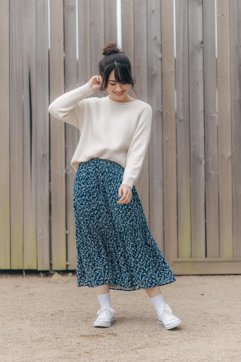 modest spring outfits cute 2026 Soft Sweater With a Playful Floral Skirt