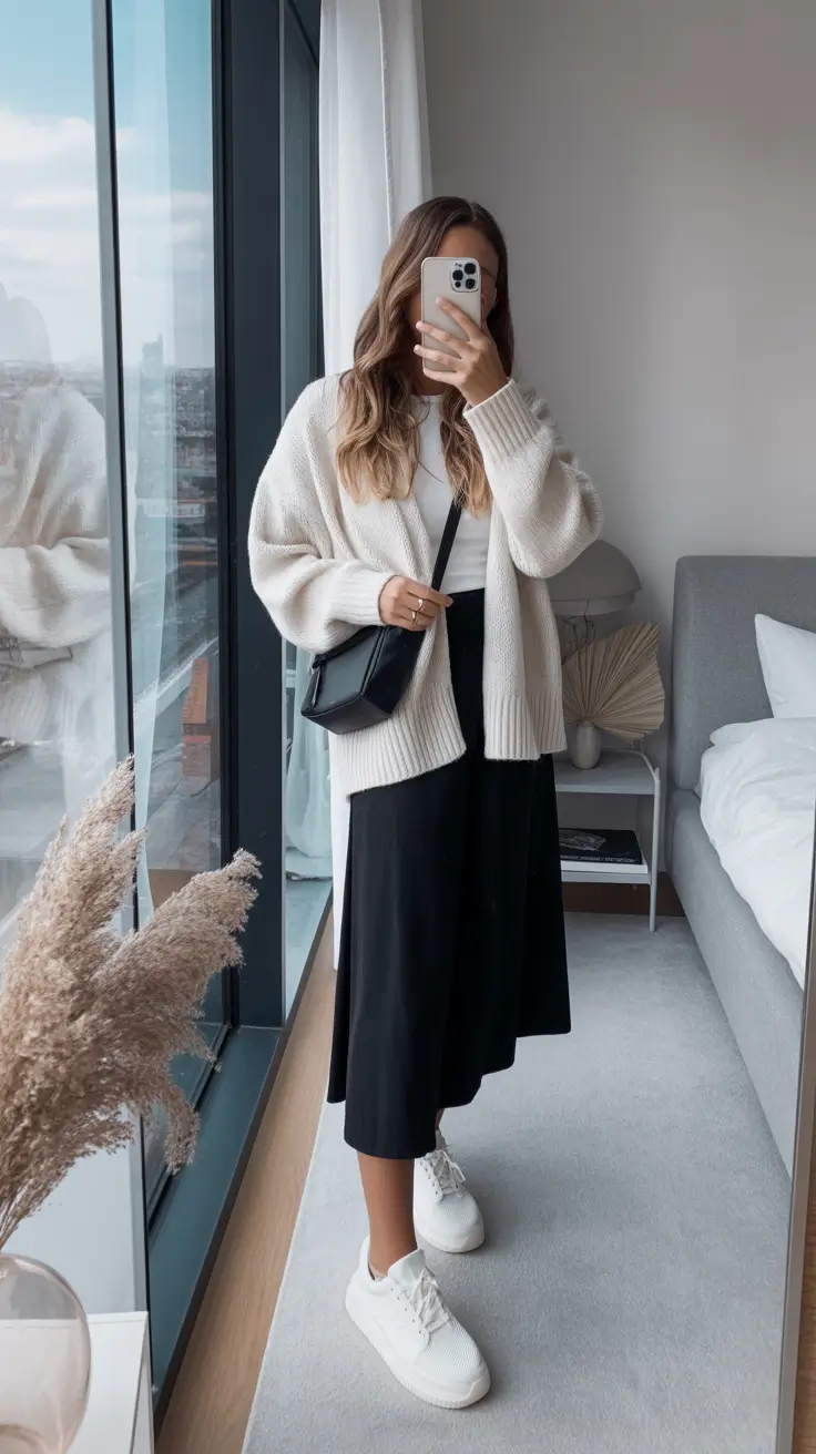 modest spring outfits cute 2026 Black Midi Skirt With Cloud Soft Neutrals