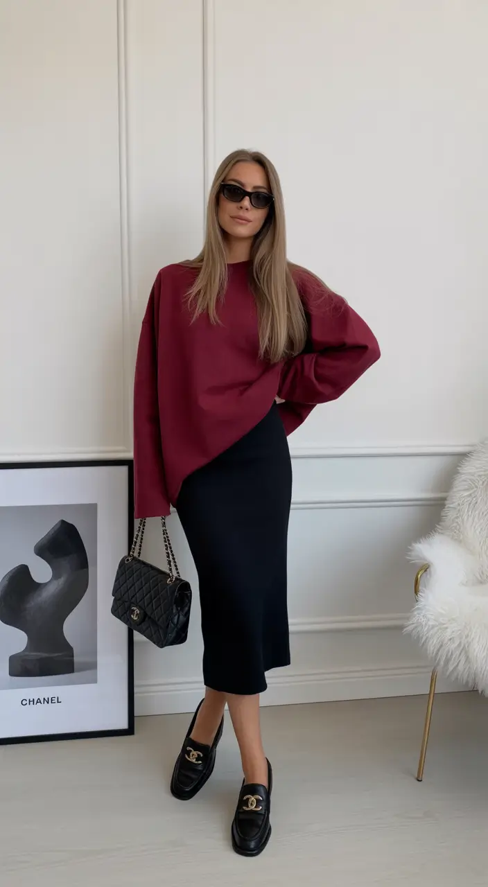 modest spring outfits cute 2026 Relaxed Burgundy and Black Minimalism