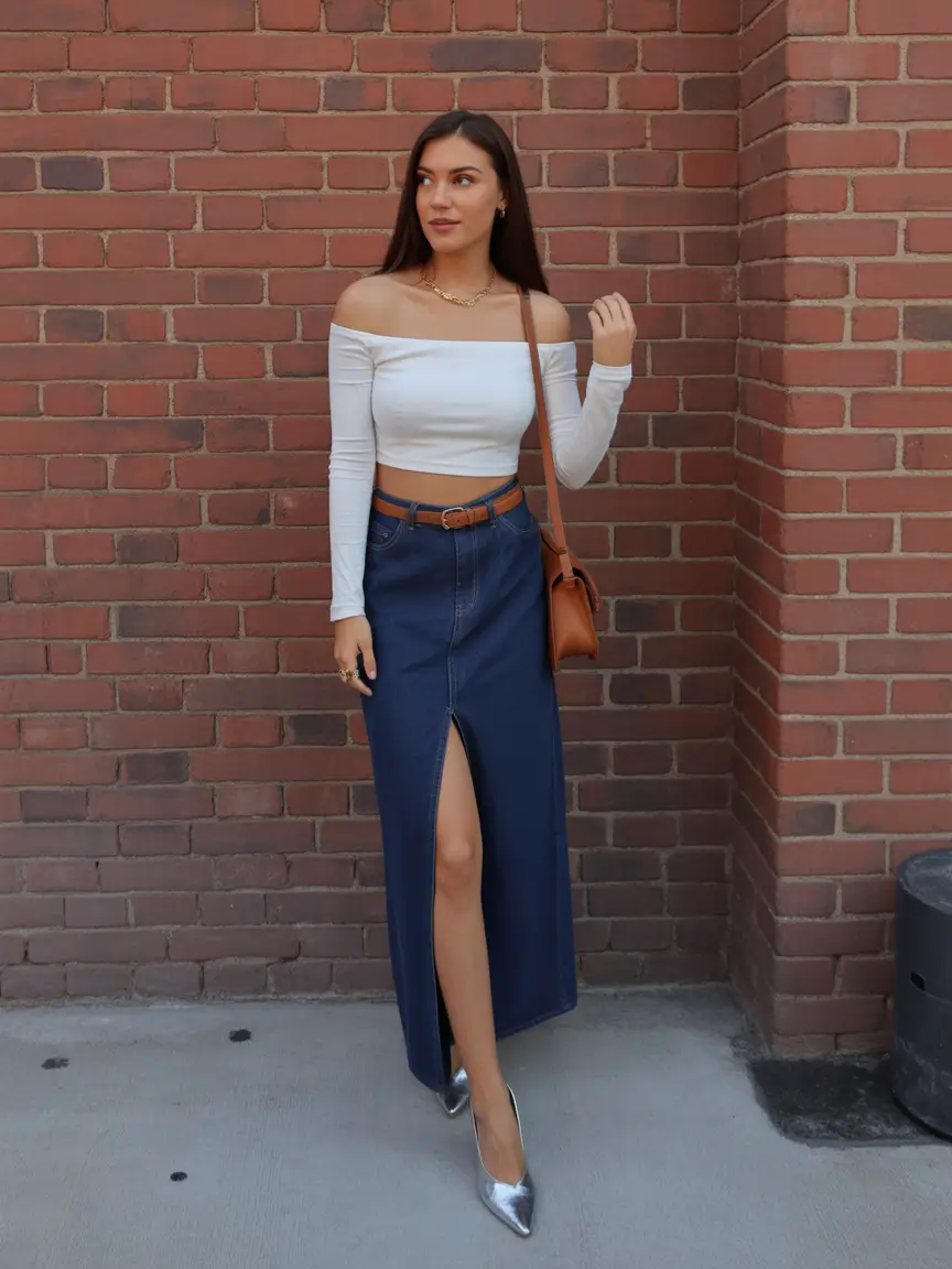 modest spring outfits cute 2026 Denim Skirt Elegance With Spring Whites