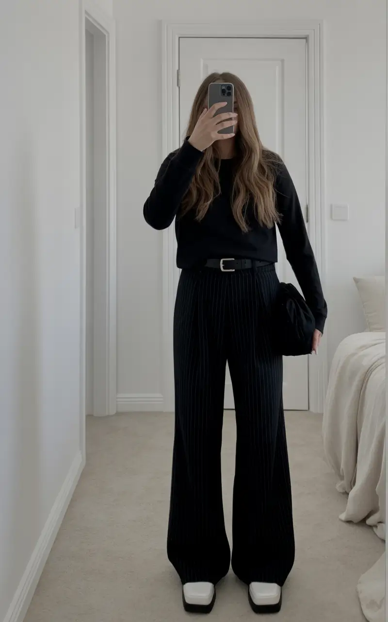 modest spring outfits cute 2026 Pinstripe Trousers With Clean Minimal Layers